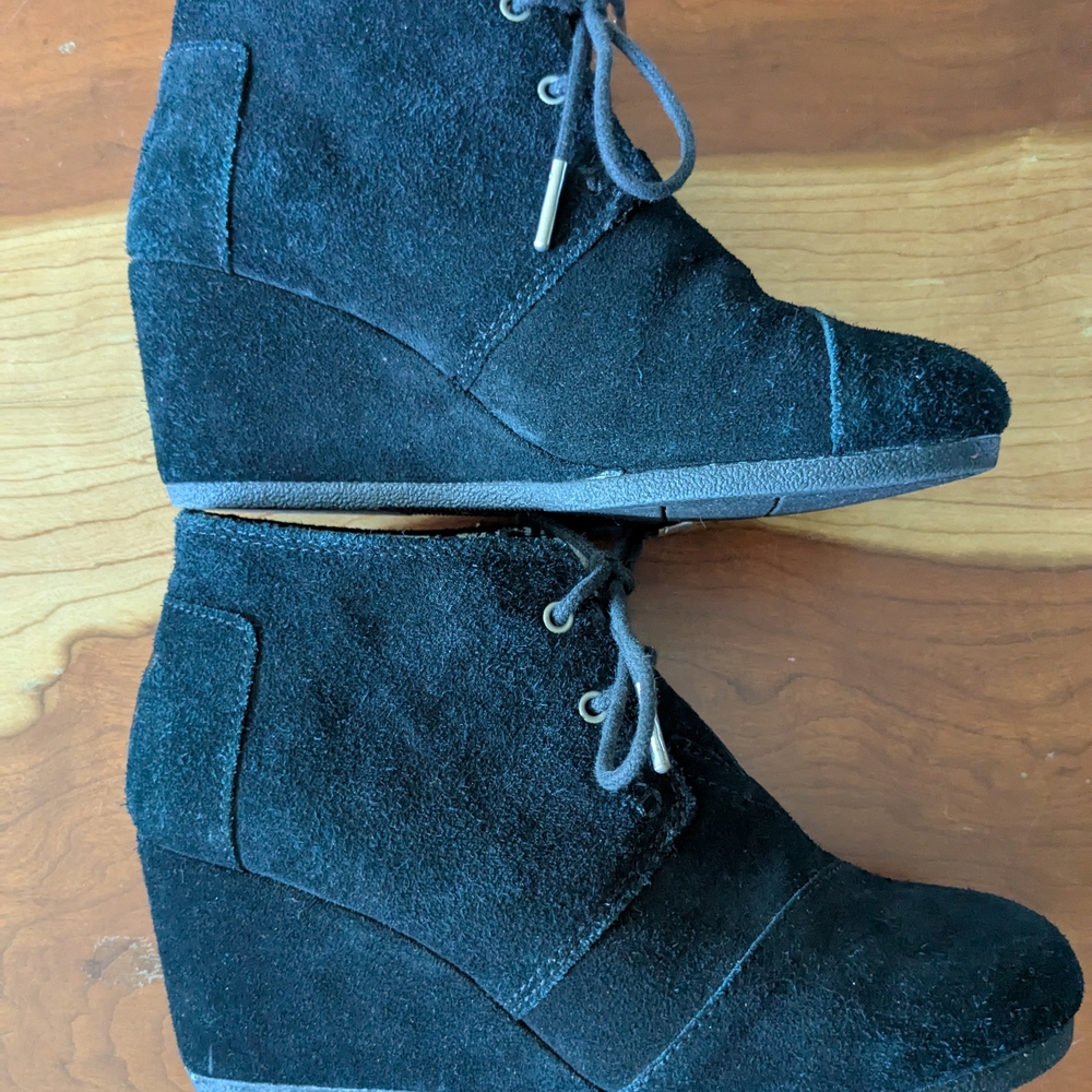 TOMS Black Suede Wedge Booties